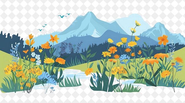 PSD serene mountain meadow landscape with wildflowers and gentle illustration natural scenery design