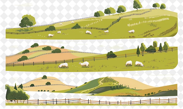 PSD serene pastoral landscape with grazing sheep and rustic fenc illustration natural scenery design