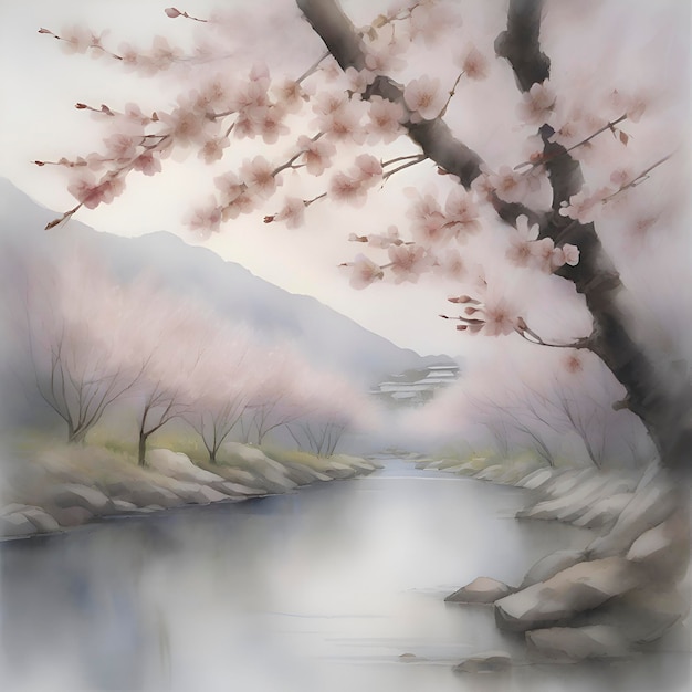 A serene scene of cherry blossoms AIGenerated