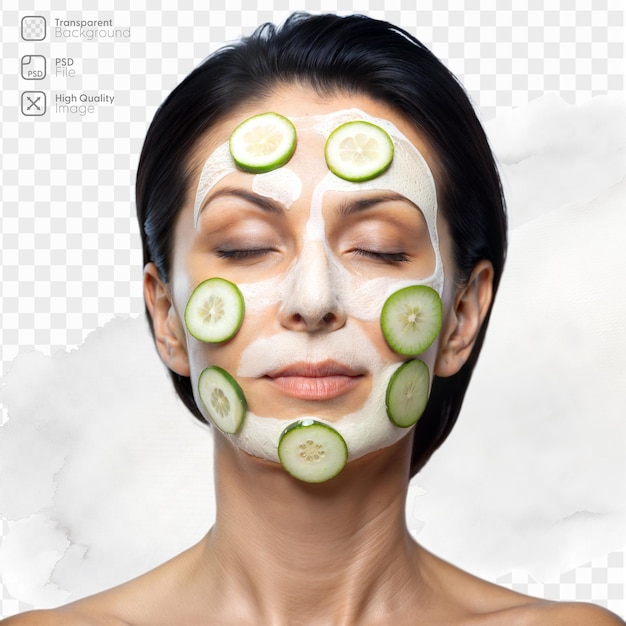 PSD a serene woman with closed eyes relishes a face mask therapy with cucumber slices on a transparent background