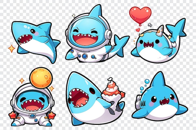 PSD a series of cartoon sharks with one wearing a space suit