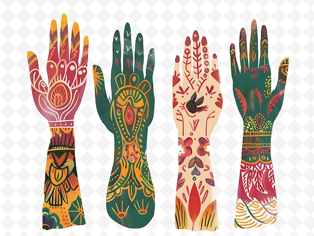 PSD a series of colorful hands with the word henna on them