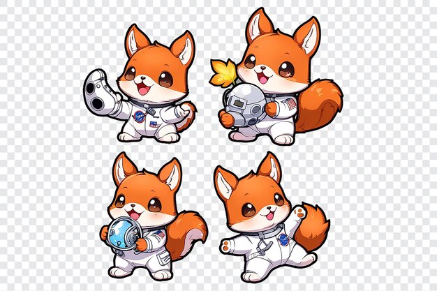 PSD a series of cute cartoon squirrels wearing space suits and holding various items