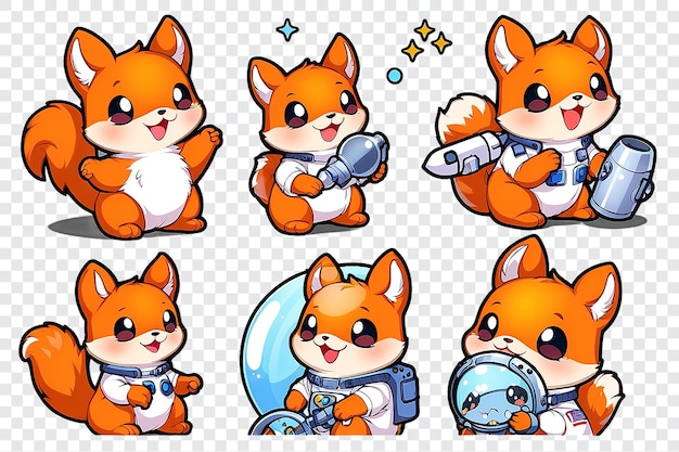 PSD a series of cute cartoon squirrels wearing space suits and holding various items