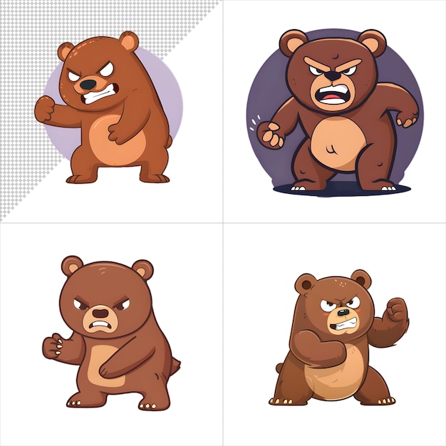 PSD series of four angry bear illustrations with no background