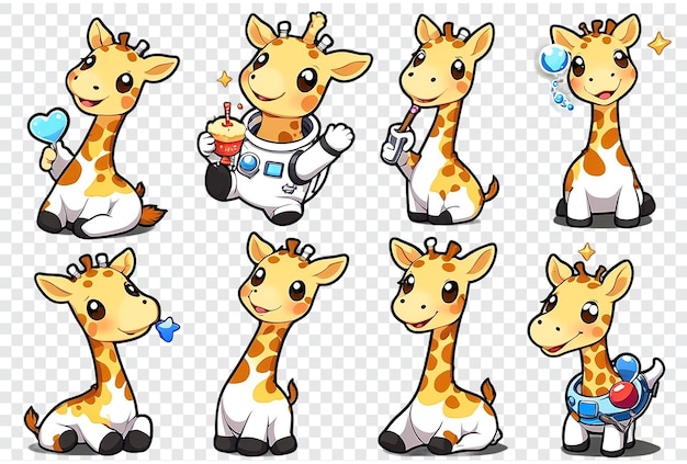 PSD a series of giraffes in various poses one of which is wearing a space suit