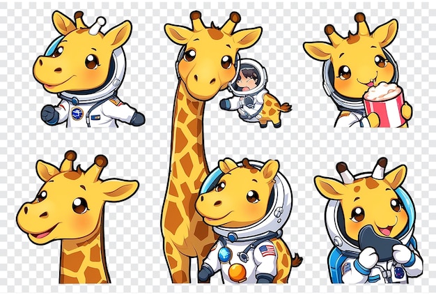 A series of giraffes in various poses one of which is wearing a space suit