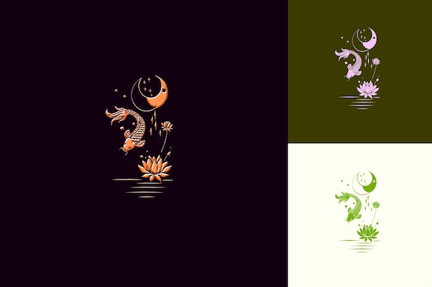 a series of illustrations with a dragon and a moon