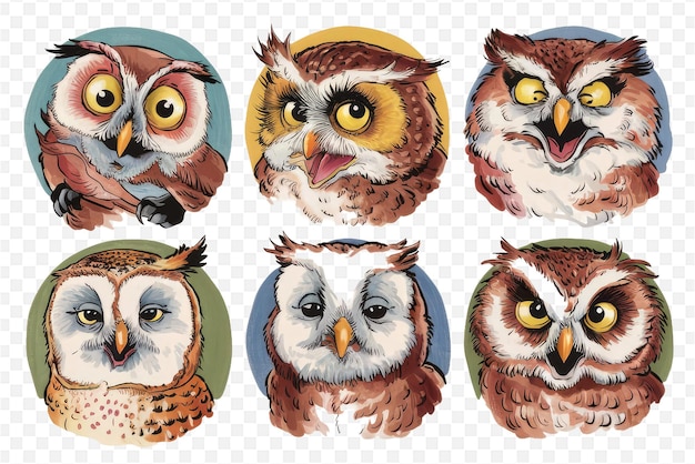 a series of images of owls including one with the other with a blue hat