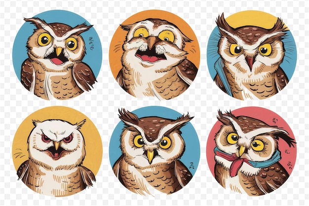 a series of images of owls with a blue circle and a yellow circle with a blue background