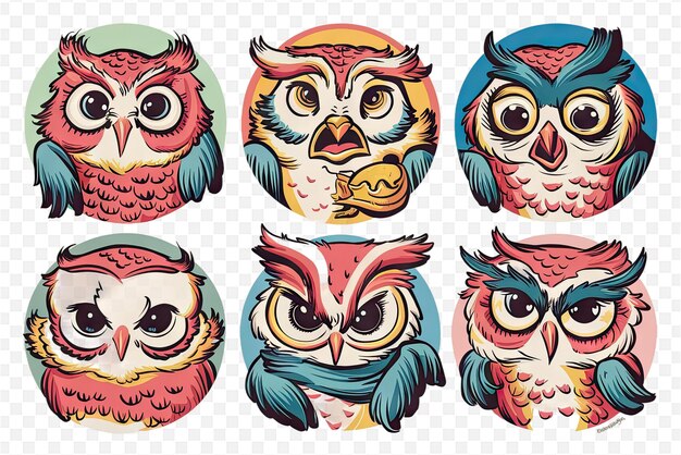 a series of owls with a blue and green background