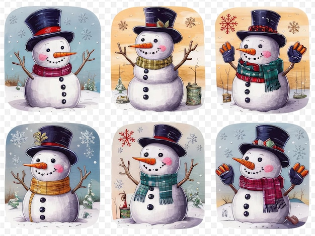 a series of pictures of snowmen with a hat and scarf