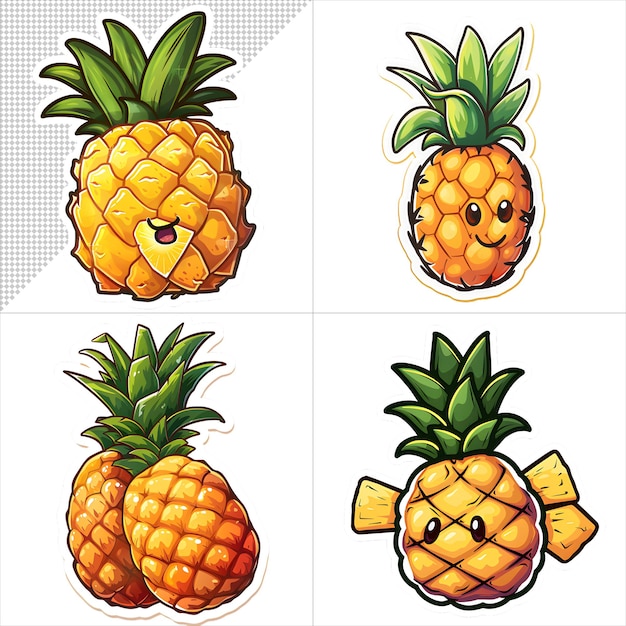 PSD series of pineapple drawings with no background