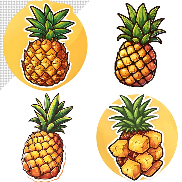 PSD series of pineapple drawings with no background