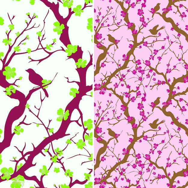 a series of pink and green birds in a tree