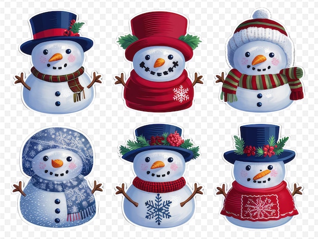 a series of snowmen with hats and hats