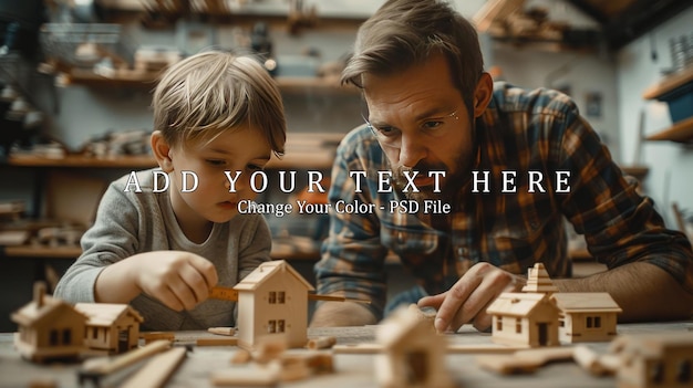 PSD serious child and father measuring wooden house