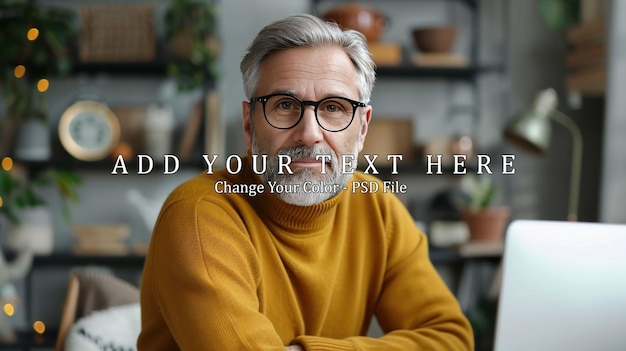 PSD serious senior man in glasses sitting at working desk