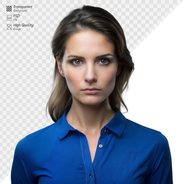 Serious woman posing in blue shirt on transparent background