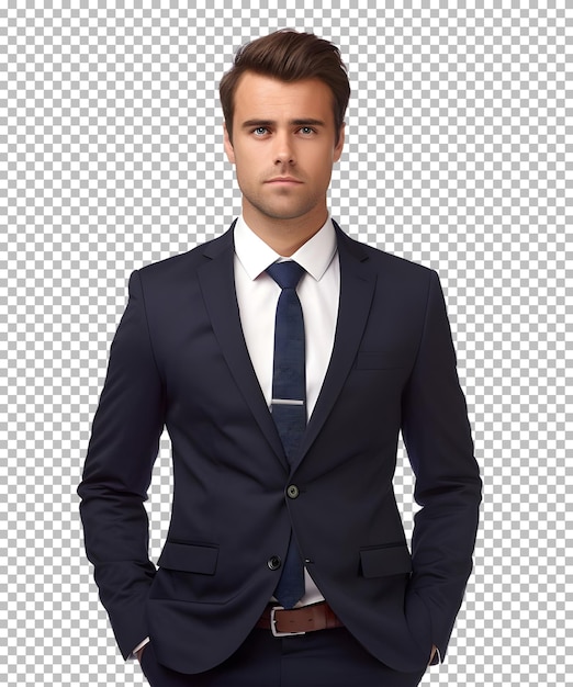 serious young businessman in suit over transparent background