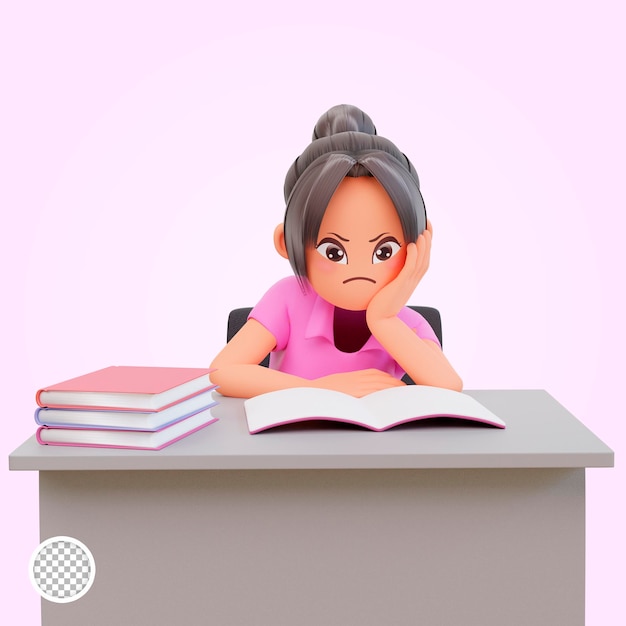 Serious young student reading a book preparing the exam education and learning concept, 3d illustrat