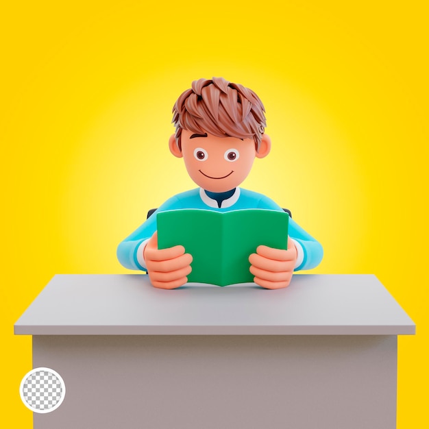 Serious young student reading a book preparing the exam education and learning concept, 3d illustrat