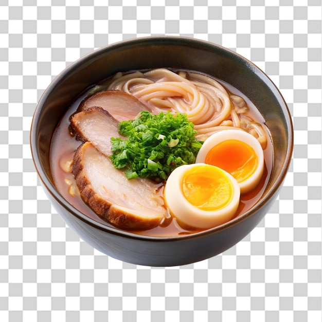 PSD serving of japanese tonkotsu ramen bowl with egg isolated on transparent background