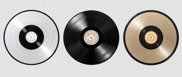 set of 3 vinyl records white black golden vinyls on isolated transparent background