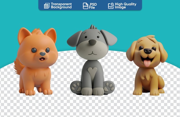 Set of 3D Cartoon Illustrated Cute Dogs Pomeranian Golden Retriever and Gray Dog