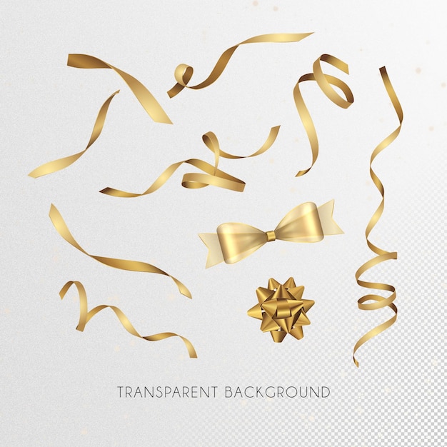 Set of  3d golden ribbon shapes and ties renders with transparent background