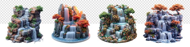 PSD set of 3d illustrations of exotic waterfall scenery icons