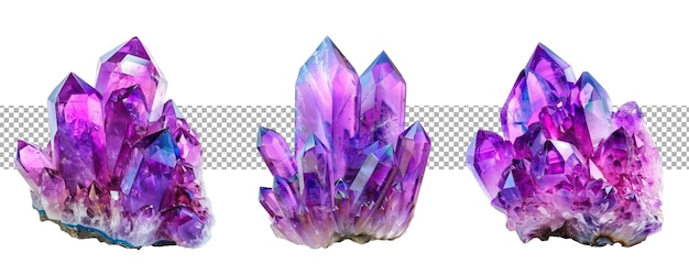 Set of Amethyst Crystal Cluster with Shimmering Facets isolated on transparent background