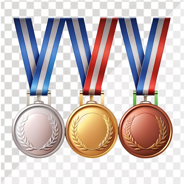 Set of award golden silver and bronze blank medals isolated on transparent background