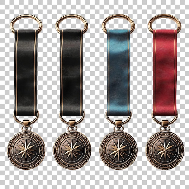 Set of award medals with ribbons isolated on transparent background