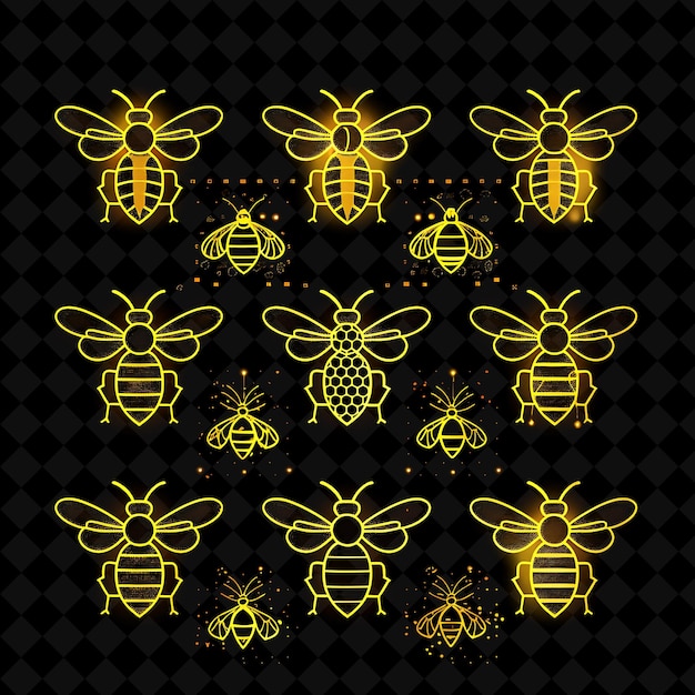 a set of bees on a black background with a frame of bees