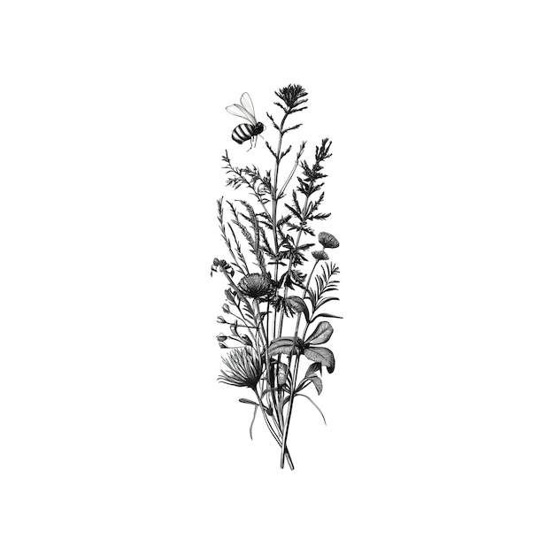 PSD set of black and white floral bouquets vector handdrawn herbs wildflowers and insects butterfly