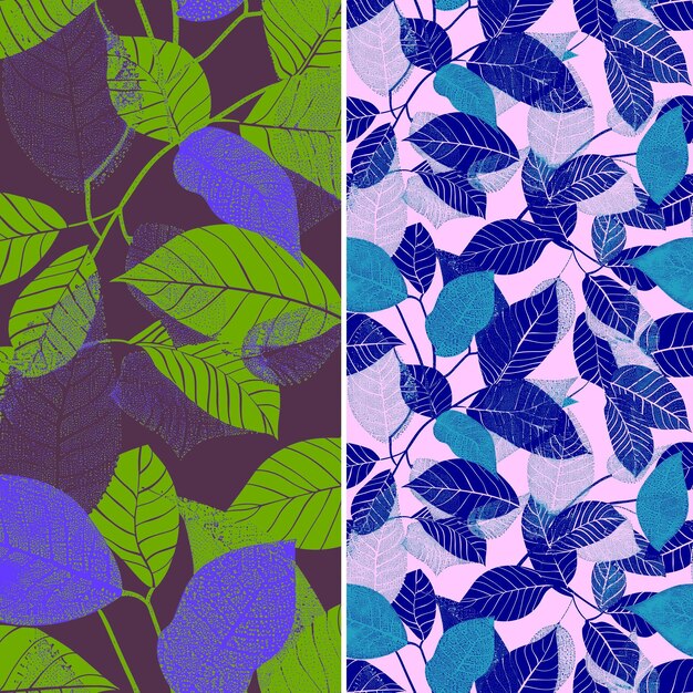 a set of blue and purple leaves and a purple and green plant