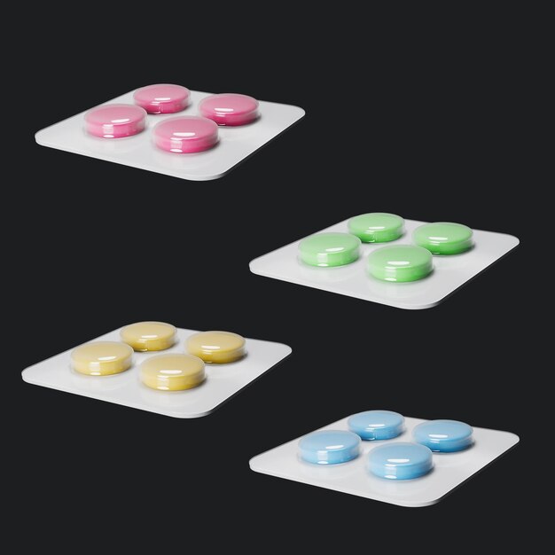 a set of boxes with different colored pills on them