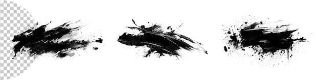 Set bundle abstract black ink paint brush stroke lines texture PNG transparent background isolated