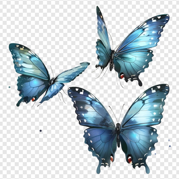 a set of butterflies with blue wings and the words butterflies on a white background png