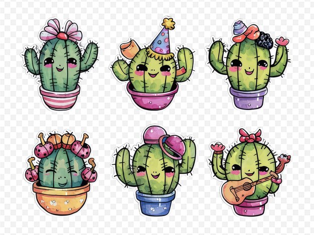 a set of cactus pots with a cartoon face and a pink bow