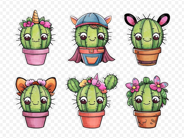 PSD a set of cactus pots with flowers and a girl in a helmet