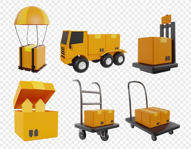 PSD set of cargo delivery express 3d render icons