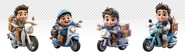 set of cartoon characters delivering packages on motorbikes 3d illustration design