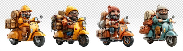 set of cartoon characters delivering packages on motorbikes 3d illustration design