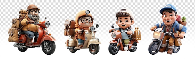 set of cartoon characters delivering packages on motorbikes 3d illustration design