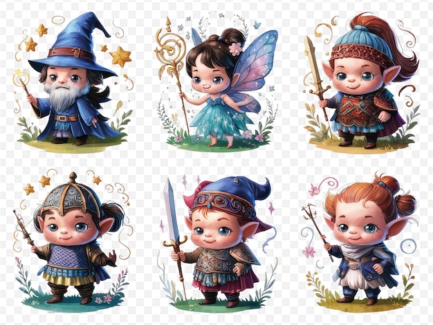 a set of cartoon characters including a fairy and a dragon