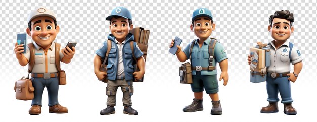 set of cartoon characters of a package delivery person 3d illustration design