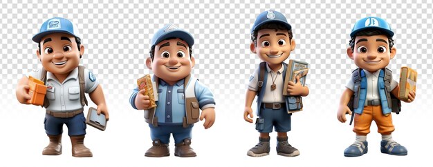 set of cartoon characters of a package delivery person 3d illustration design