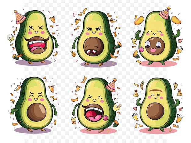 a set of cartoon characters with many expressions of avocado